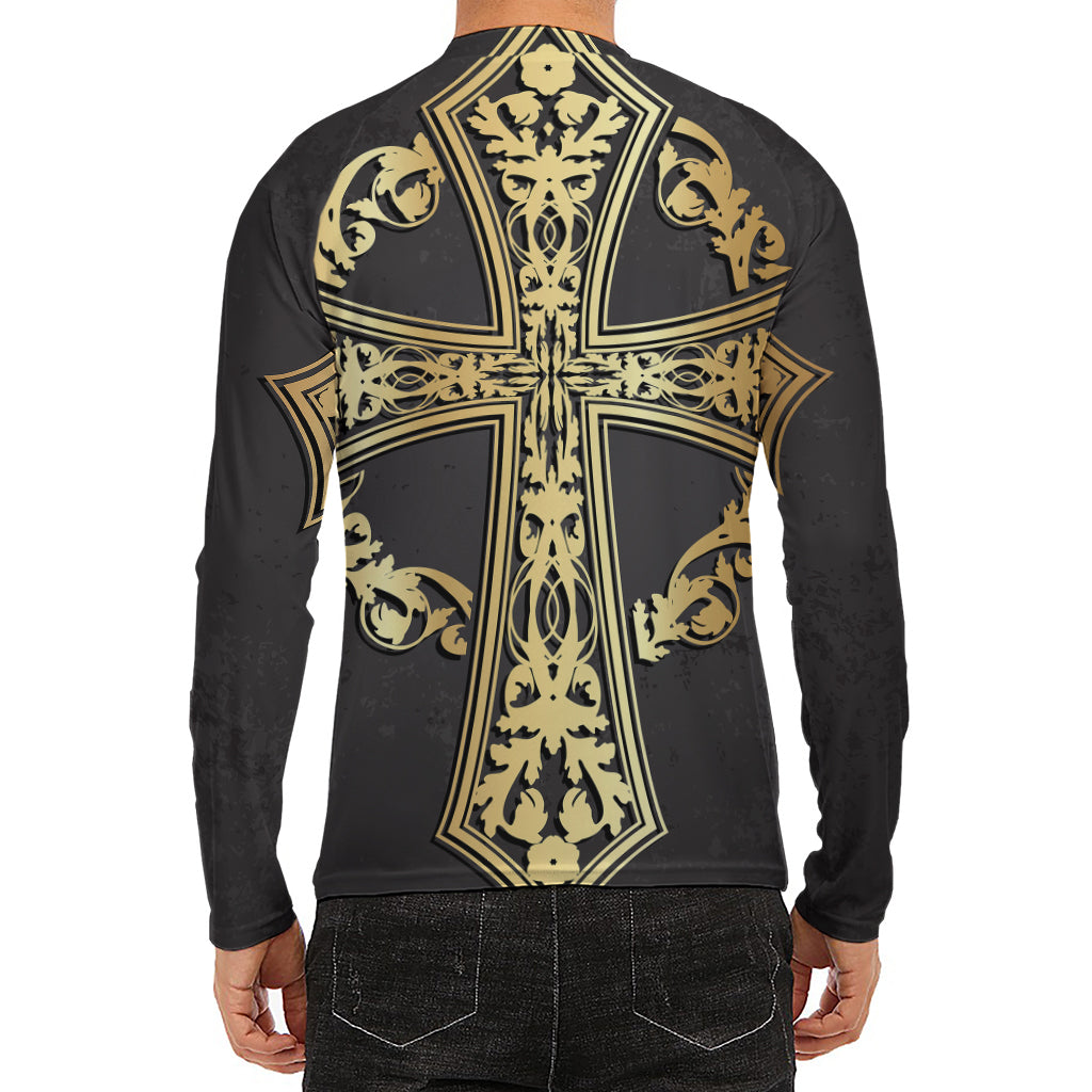 Ornamental Golden Cross Print Men's Long Sleeve Rash Guard