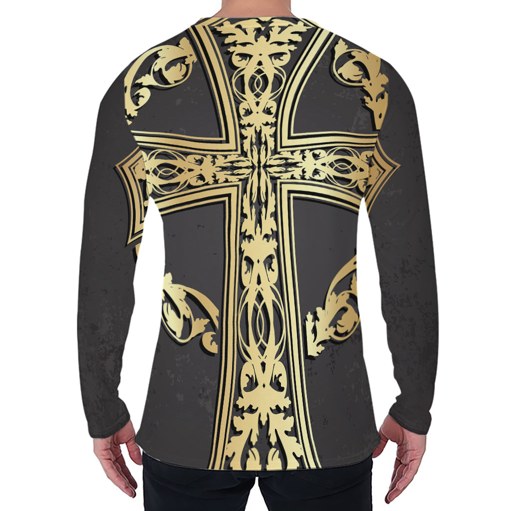 Ornamental Golden Cross Print Men's Long Sleeve T-Shirt