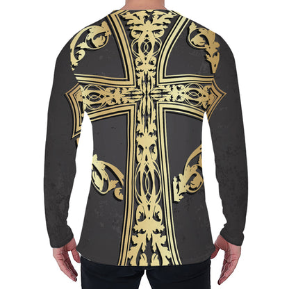 Ornamental Golden Cross Print Men's Long Sleeve T-Shirt
