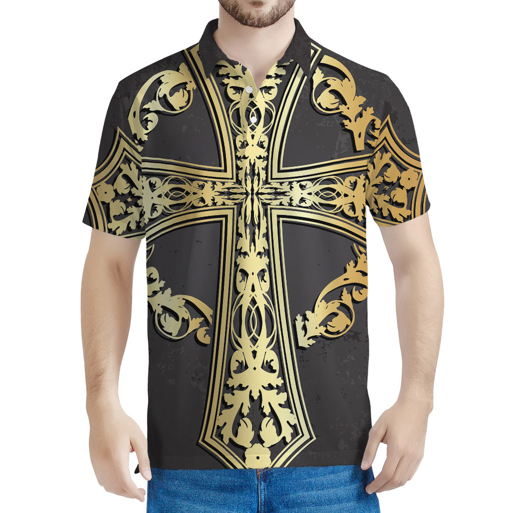 Ornamental Golden Cross Print Men's Polo Shirt