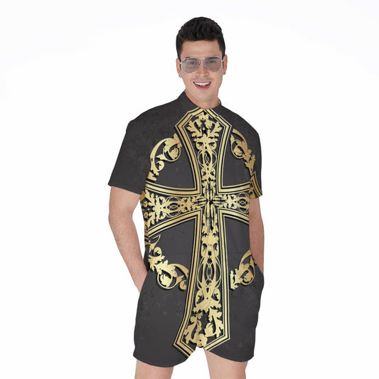 Ornamental Golden Cross Print Men's Rompers