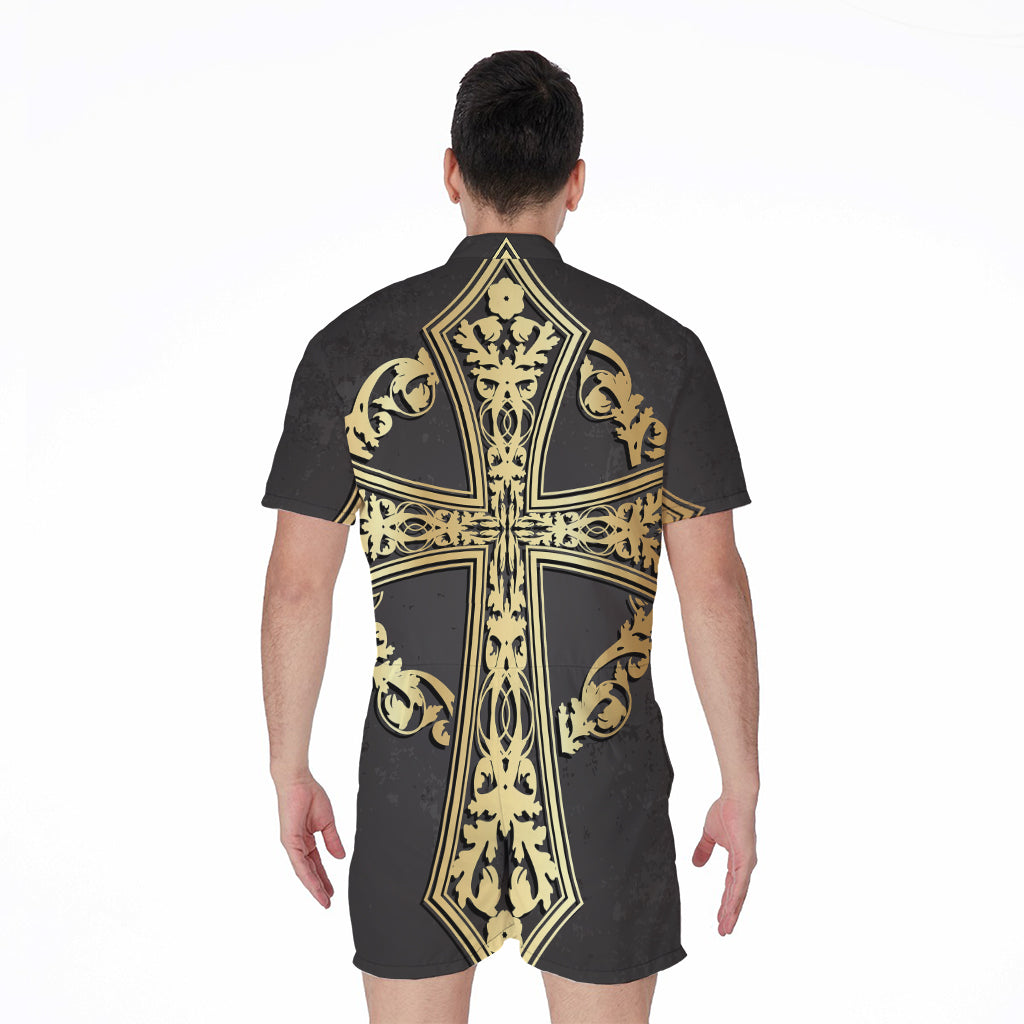 Ornamental Golden Cross Print Men's Rompers