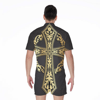 Ornamental Golden Cross Print Men's Rompers