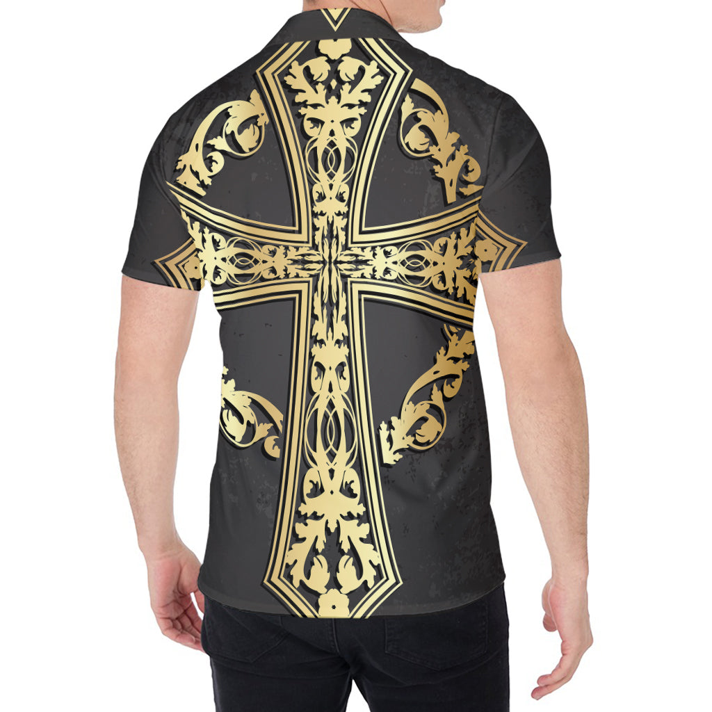 Ornamental Golden Cross Print Men's Shirt