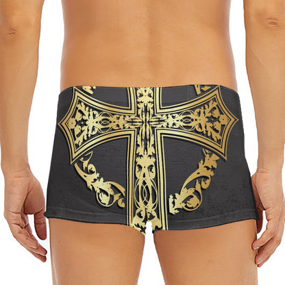 Ornamental Golden Cross Print Men's Short Boxer Briefs