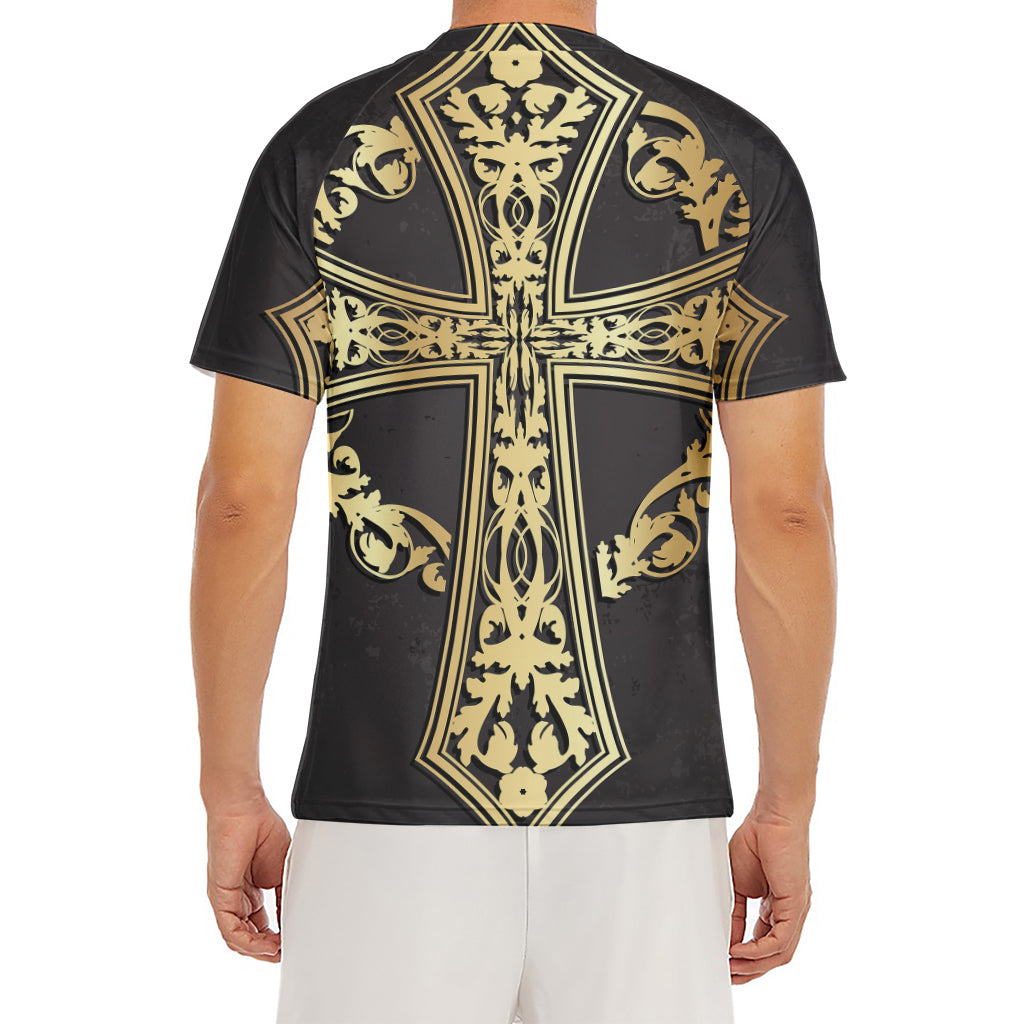 Ornamental Golden Cross Print Men's Short Sleeve Rash Guard