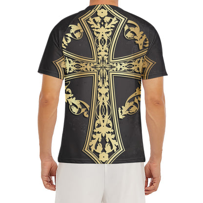 Ornamental Golden Cross Print Men's Short Sleeve Rash Guard