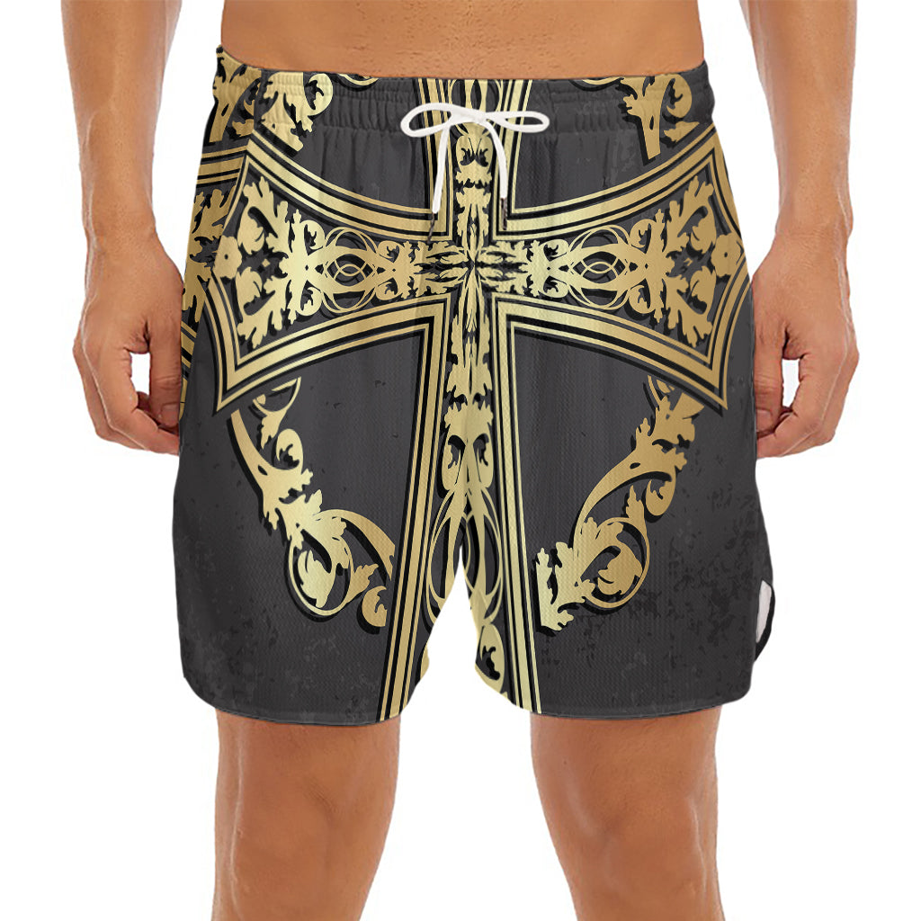 Ornamental Golden Cross Print Men's Split Running Shorts