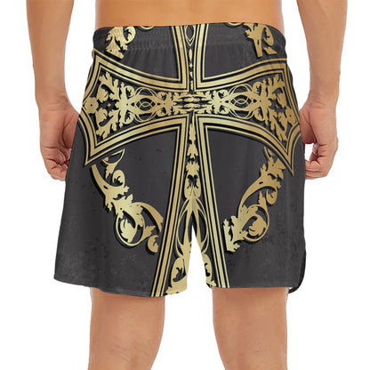 Ornamental Golden Cross Print Men's Split Running Shorts