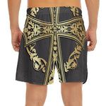 Ornamental Golden Cross Print Men's Split Running Shorts