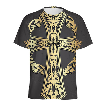 Ornamental Golden Cross Print Men's Sports T-Shirt