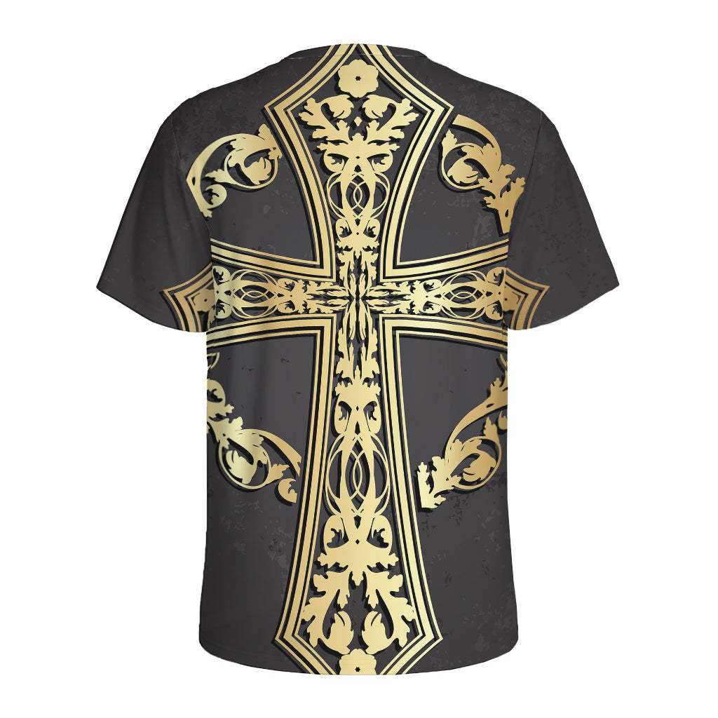 Ornamental Golden Cross Print Men's Sports T-Shirt