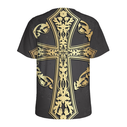 Ornamental Golden Cross Print Men's Sports T-Shirt