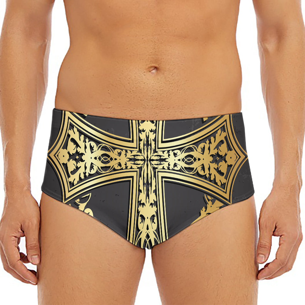 Ornamental Golden Cross Print Men's Triangle Swim Briefs