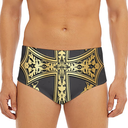 Ornamental Golden Cross Print Men's Triangle Swim Briefs