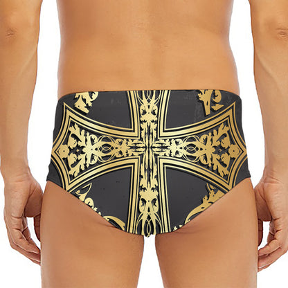 Ornamental Golden Cross Print Men's Triangle Swim Briefs