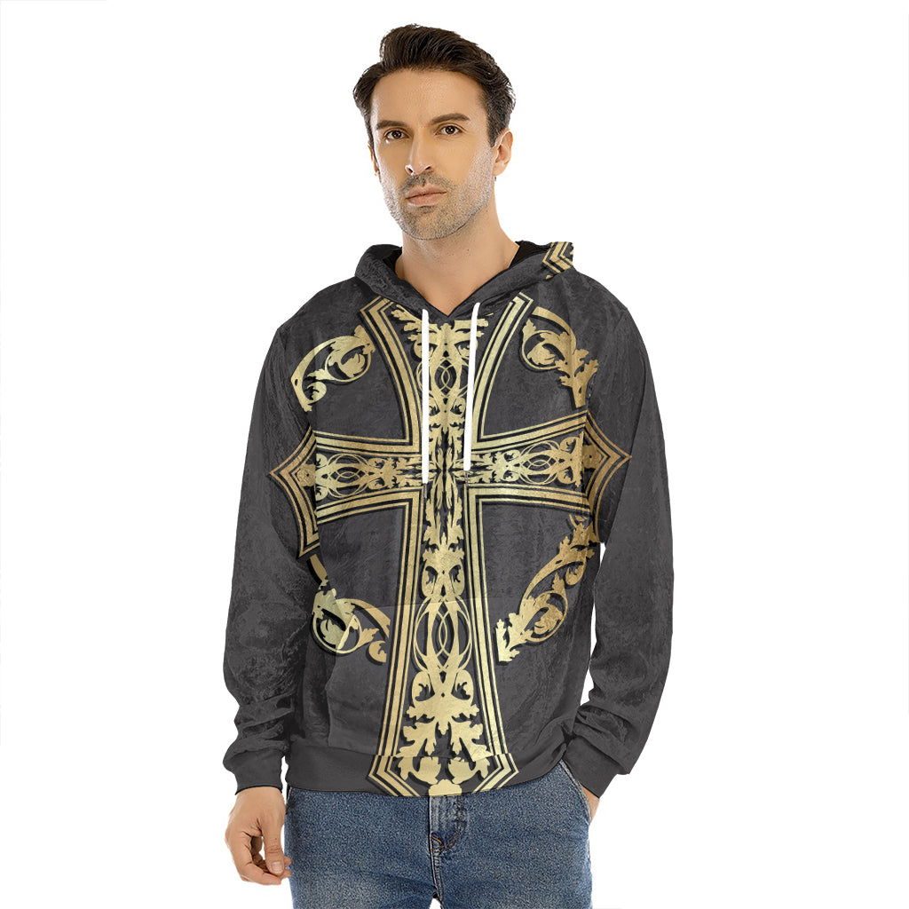 Ornamental Golden Cross Print Men's Velvet Pullover Hoodie