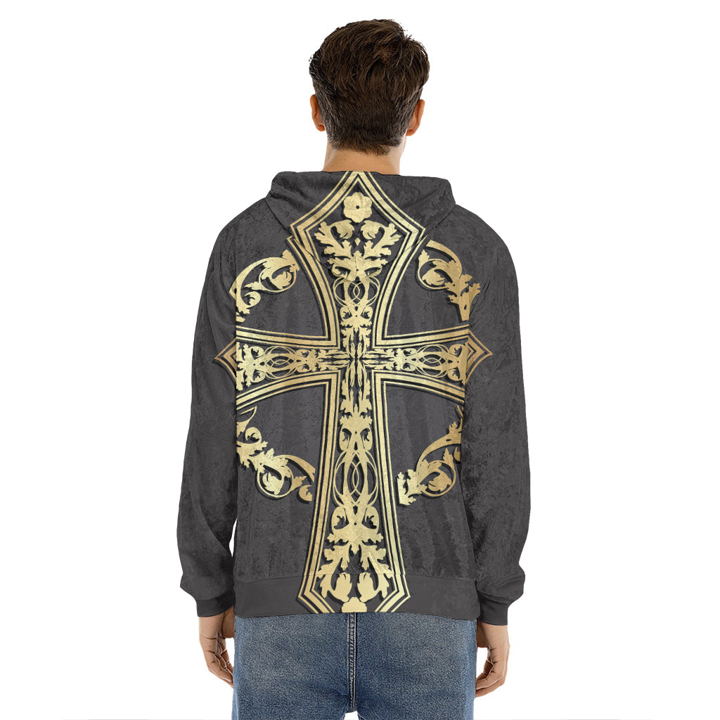 Ornamental Golden Cross Print Men's Velvet Pullover Hoodie