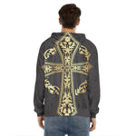 Ornamental Golden Cross Print Men's Velvet Pullover Hoodie