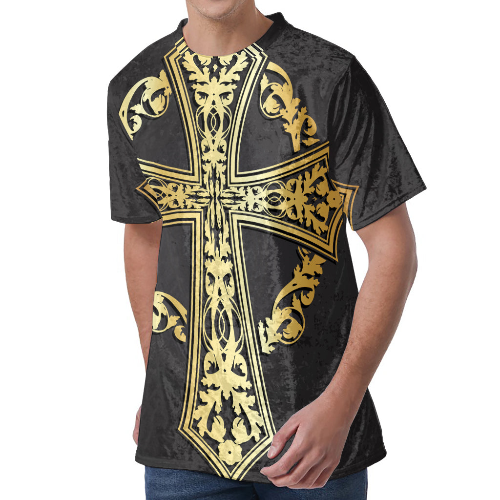 Ornamental Golden Cross Print Men's Velvet T-Shirt