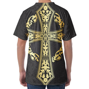 Ornamental Golden Cross Print Men's Velvet T-Shirt