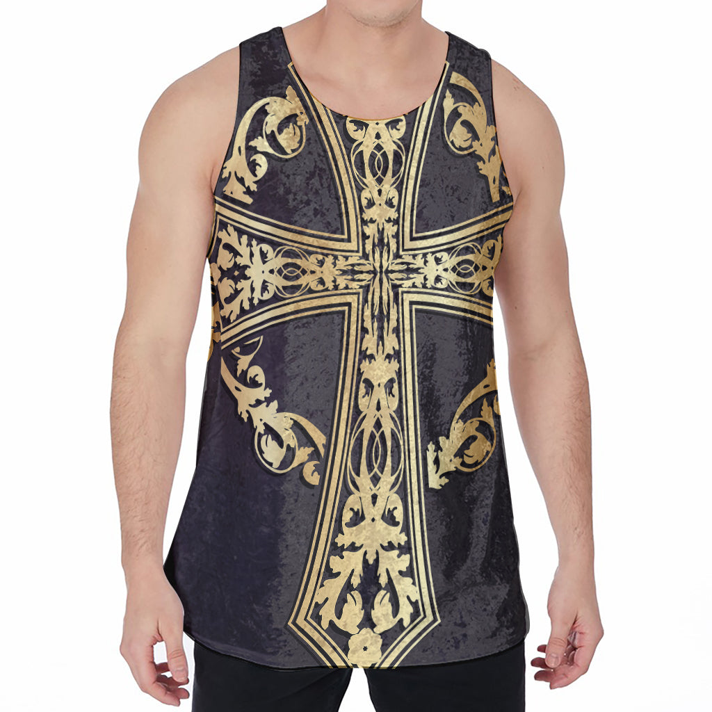 Ornamental Golden Cross Print Men's Velvet Tank Top