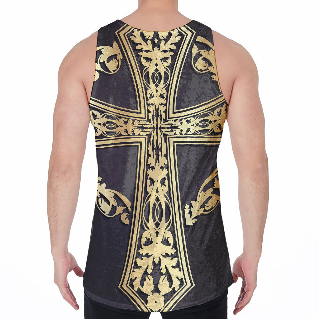 Ornamental Golden Cross Print Men's Velvet Tank Top