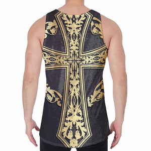 Ornamental Golden Cross Print Men's Velvet Tank Top