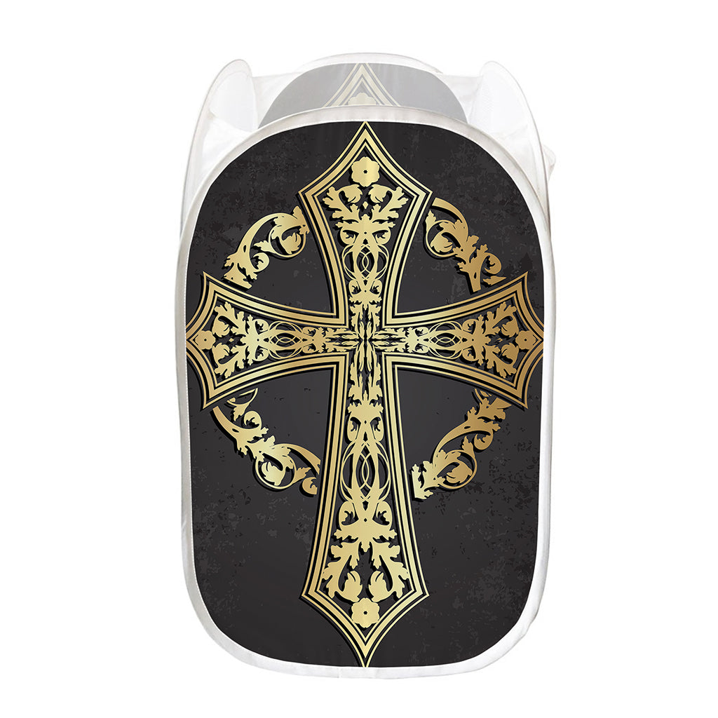 Ornamental Golden Cross Print Mesh Laundry Hamper