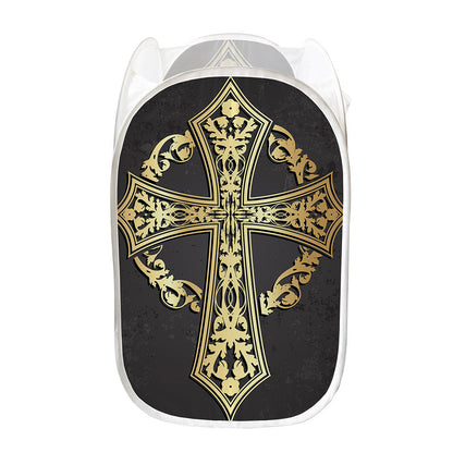 Ornamental Golden Cross Print Mesh Laundry Hamper