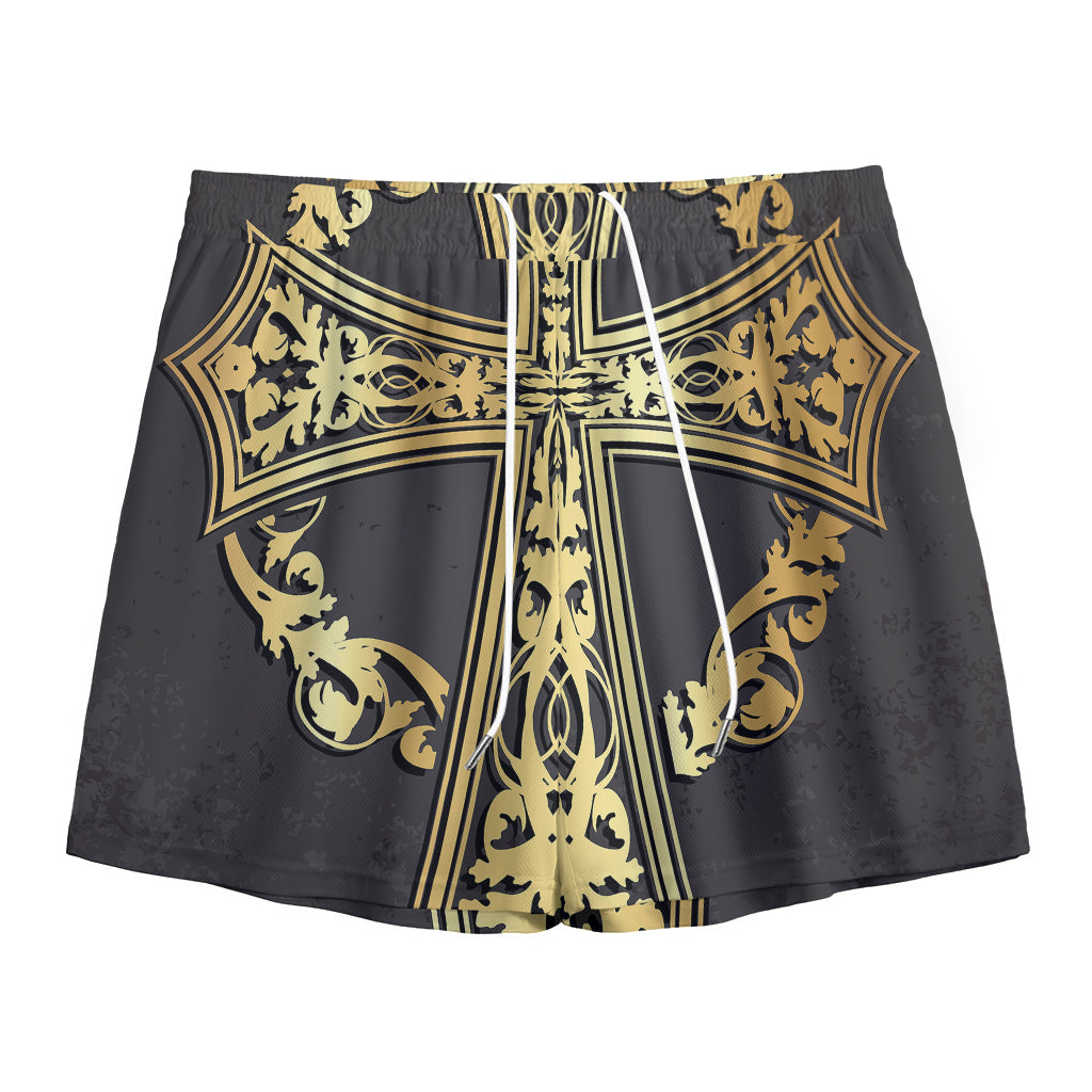 Ornamental Golden Cross Print Mesh Shorts
