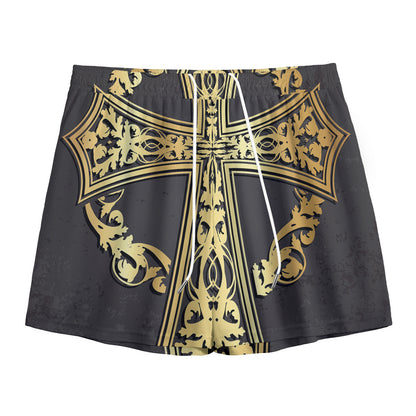 Ornamental Golden Cross Print Mesh Shorts