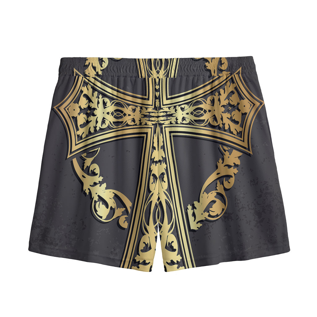 Ornamental Golden Cross Print Mesh Shorts