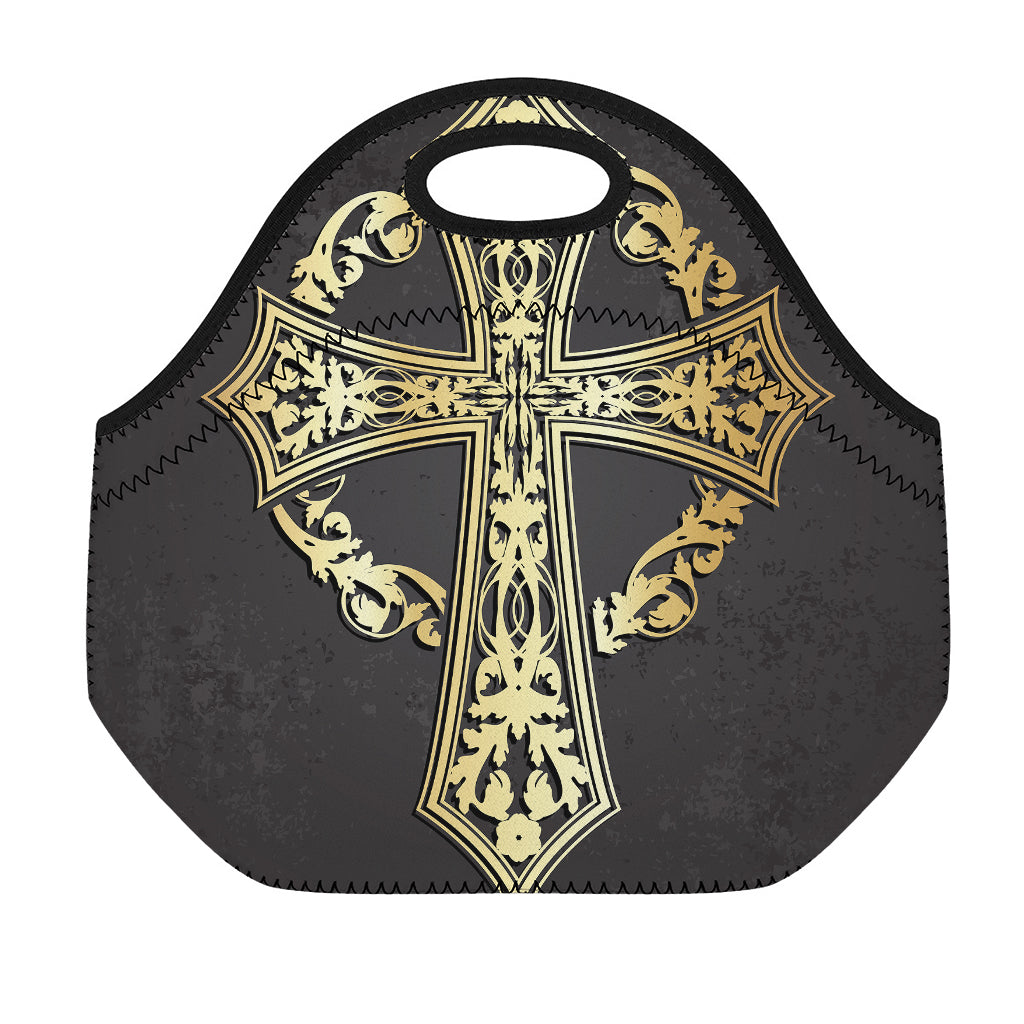 Ornamental Golden Cross Print Neoprene Lunch Bag