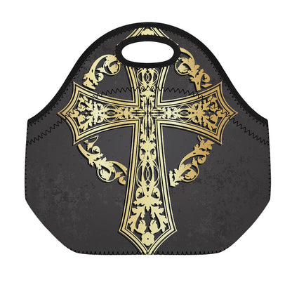 Ornamental Golden Cross Print Neoprene Lunch Bag