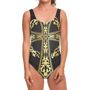 Ornamental Golden Cross Print One Piece Swimsuit