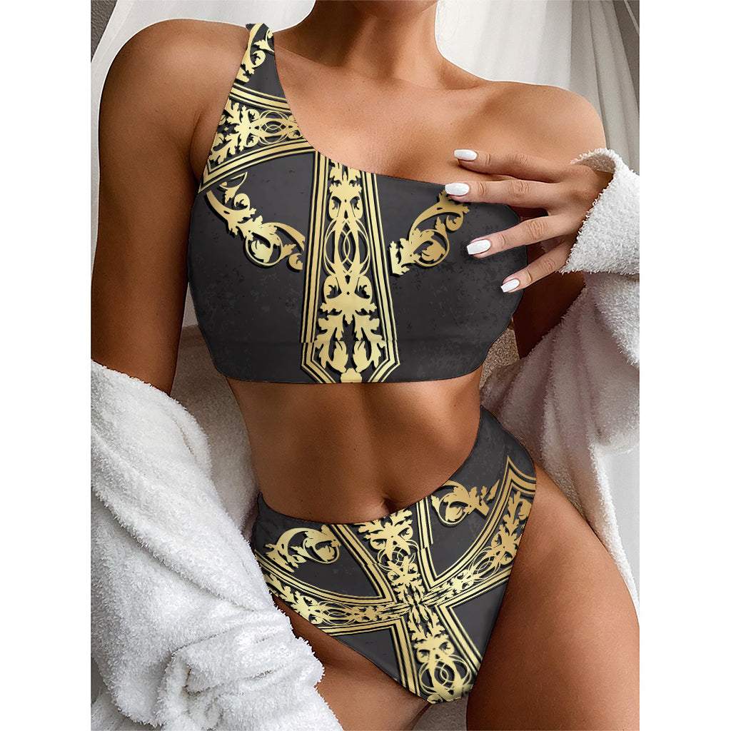 Ornamental Golden Cross Print One Shoulder Bikini Top