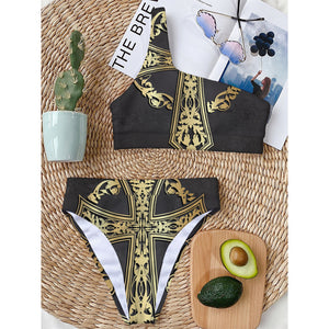 Ornamental Golden Cross Print One Shoulder Bikini Top