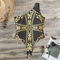 Ornamental Golden Cross Print One Shoulder Bodysuit