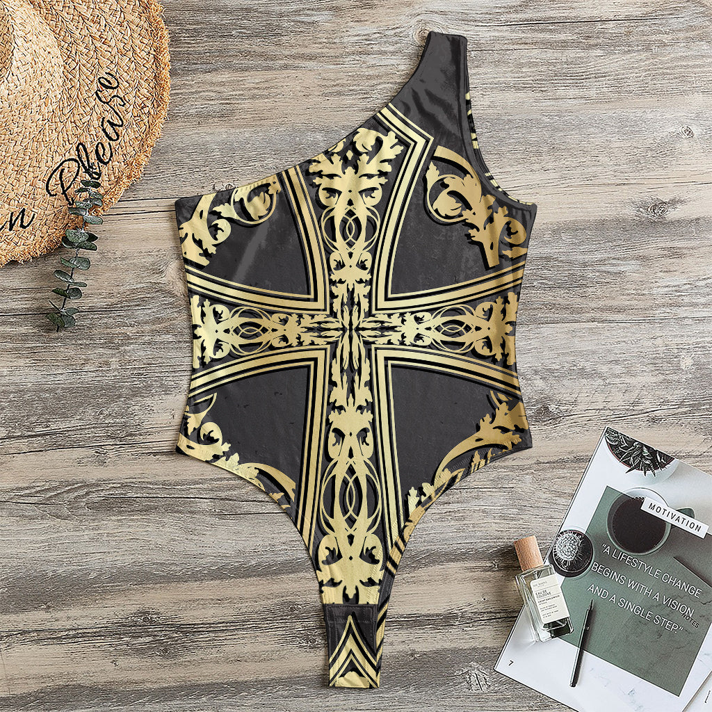 Ornamental Golden Cross Print One Shoulder Bodysuit
