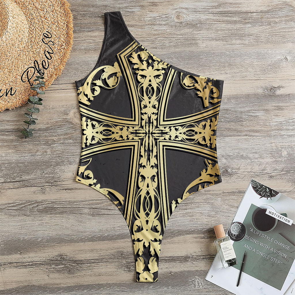 Ornamental Golden Cross Print One Shoulder Bodysuit