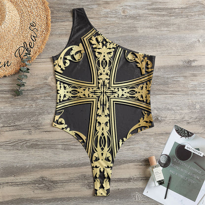 Ornamental Golden Cross Print One Shoulder Bodysuit