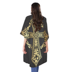 Ornamental Golden Cross Print Open Front Beach Cover Up