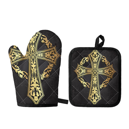 Ornamental Golden Cross Print Oven Mitt And Pot Holder Set