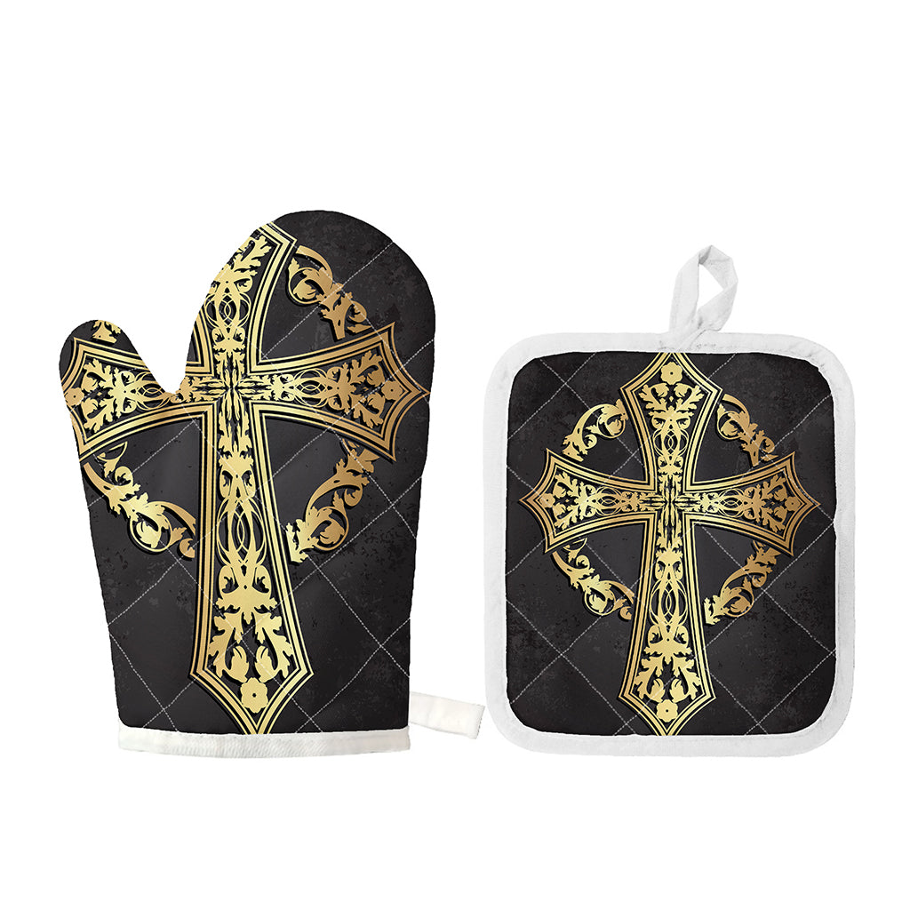 Ornamental Golden Cross Print Oven Mitt And Pot Holder Set