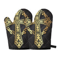 Ornamental Golden Cross Print Oven Mitts
