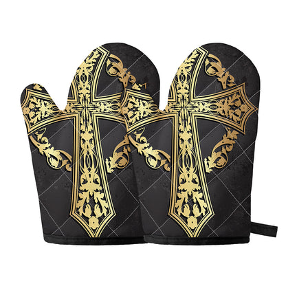 Ornamental Golden Cross Print Oven Mitts