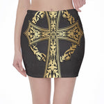 Ornamental Golden Cross Print Pencil Mini Skirt