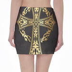 Ornamental Golden Cross Print Pencil Mini Skirt