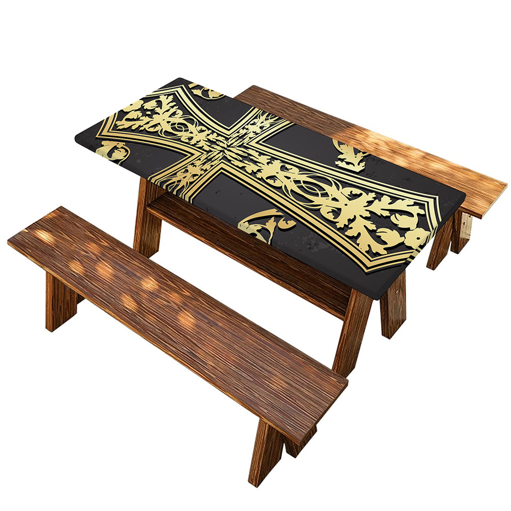 Ornamental Golden Cross Print Picnic Table Cover